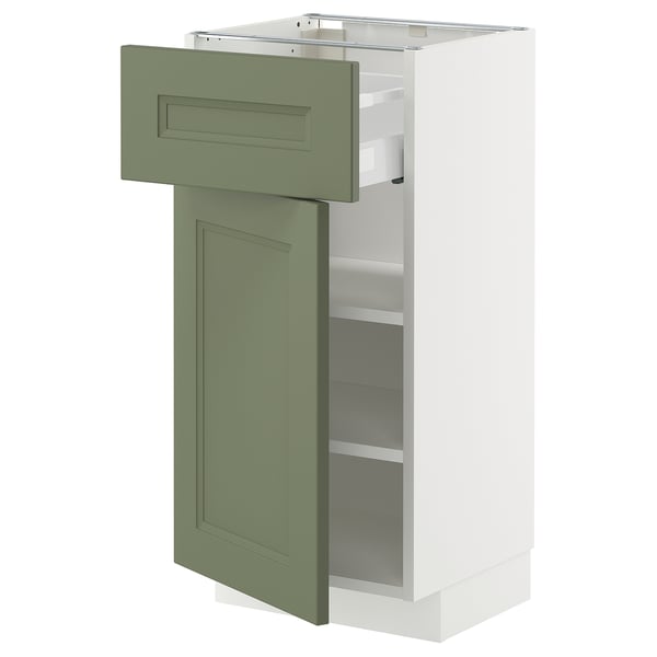 Köksmöbeln METOD, grågrön, med öppen hylla och låda, modern design.
