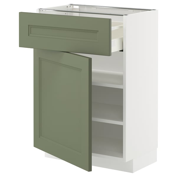 Ikea METOD köksskåp med grön axstad låda och dörr, vitt skåp, flyttbara hyllplan.