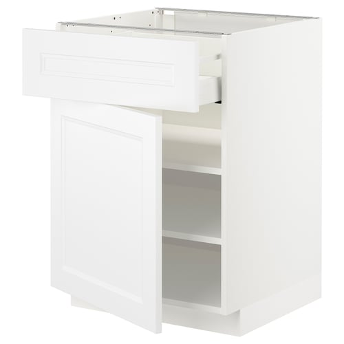 Vitt METOD-köksskåp med en öppen låda, med modern design och en slät yta.