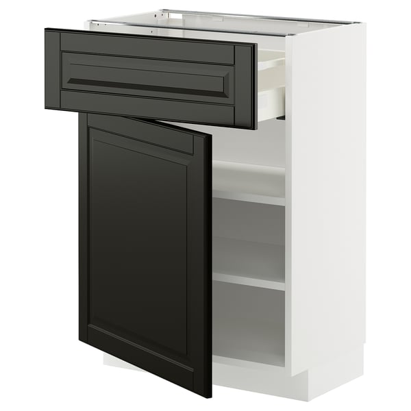 Modern köksenhet: vit bas, svart låda och dörr. Utdragbar låda, snygg design.