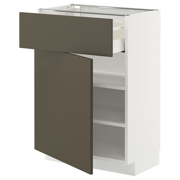 Modernt köksskåp, METOD, vitt med mörkbruna lådor, snygg design, öppen låda, justerbara hyllor.