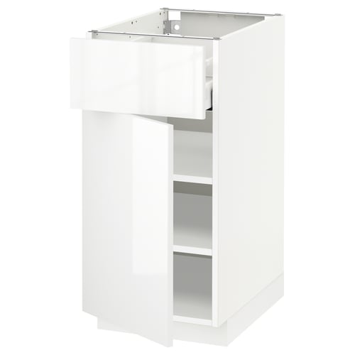METOD köksskåp: vit, blank, modern design med justerbara hyllor och lättstängande låda.