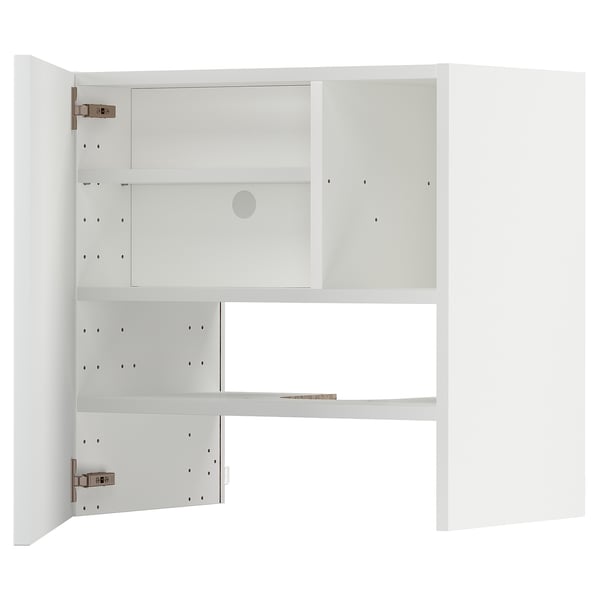 Öppet vitt skåp med flera hyllor; modern, minimalistisk design.