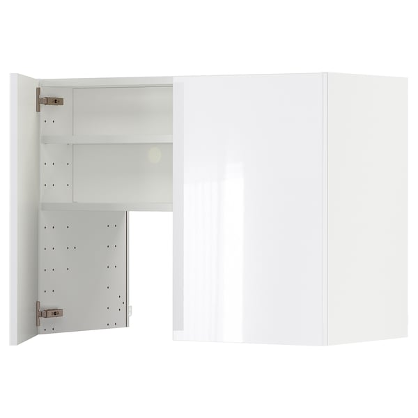 Ett vitt METOD-köksskåp med en modern, blank yta. Den har två dörrar, en öppen som avslöjar en justerbar hylla.