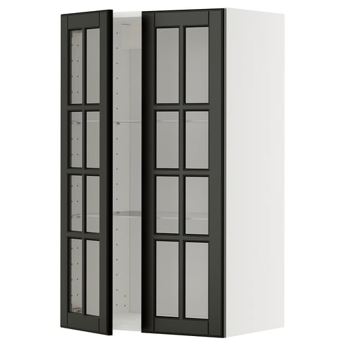 Modernt svart vitrinskåp med glasdörrar, en del av ikea METOD kökssystem, med hyllor i härdat glas och en elegant, minimalistisk design.