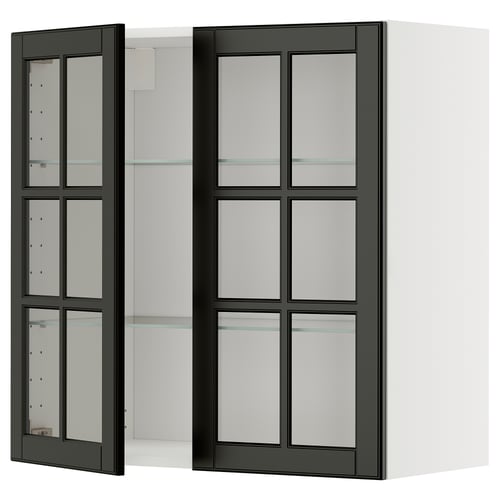 Modernt svart köksskåp med glasdörrar, elegant design.