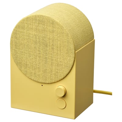 NATTBAD högtalare, gyllene, rund, tyg och plast, modern design.