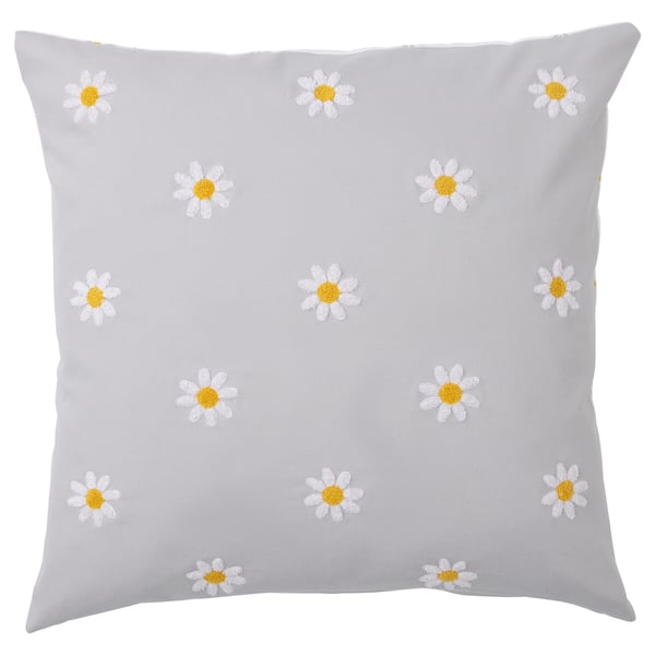 NATTSLÄNDA grå fyrkantig kudde; Vitt och gult tusenskönamönster på bomull.