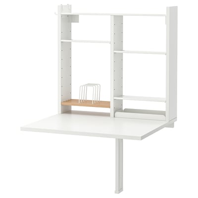 Vitt vägghängt klaffbord med förvaring. Elegant, kompakt design, perfekt för små utrymmen. Melamin och metallkonstruktion.