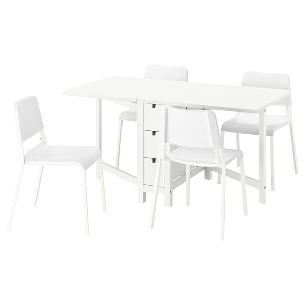 Vitt NORDEN utdragbart matbord med 4 stapelbara stolar, modern design.