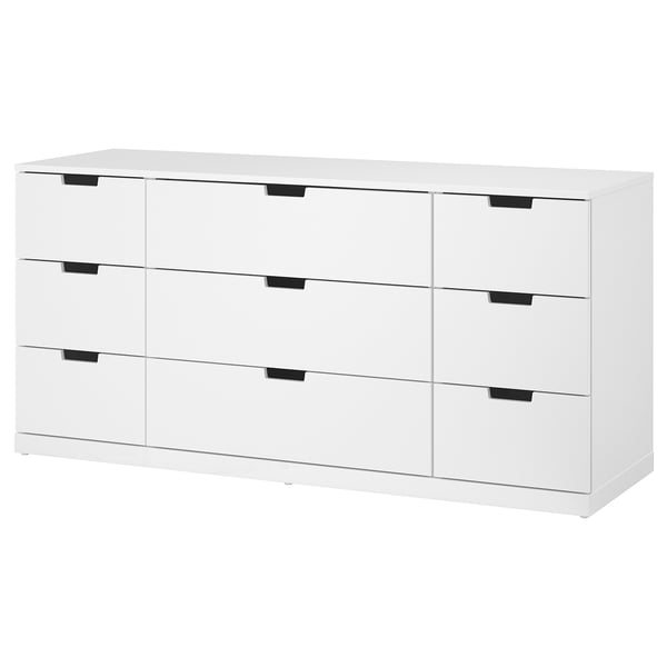 NORDLI vit byrå med 6 lådor, elegant modern design, ren vit finish, robust träkonstruktion, rena raka linjer.