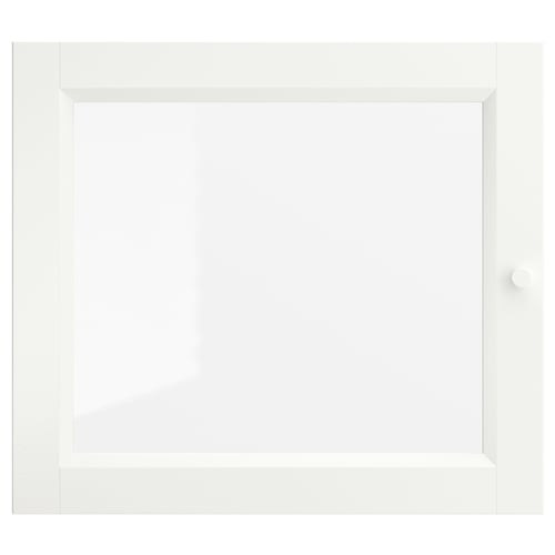En vit OXBERG-dörr med glaspanel. Det har ett justerbart gångjärn och en elegant, modern design.