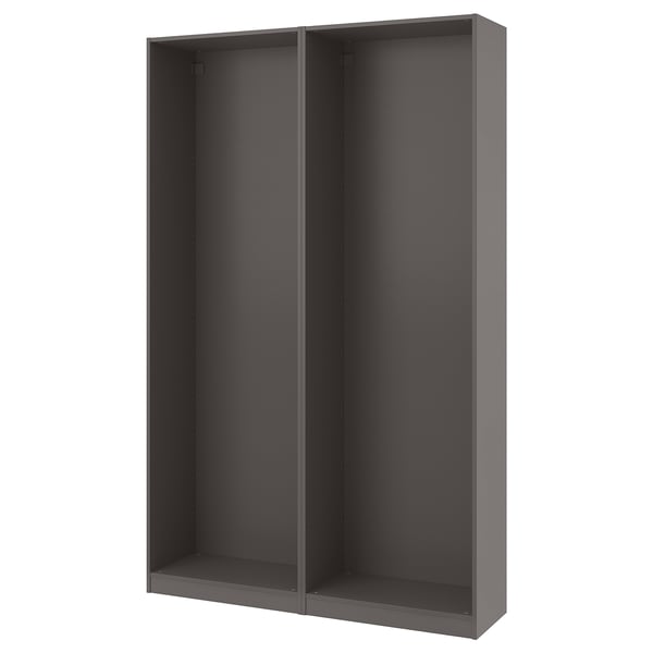 Grå PAX garderobsram, modern minimalistisk design, smal struktur.