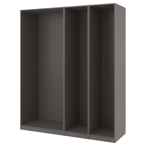 IKEA PAX garderob: elegant grå, tredelad, tom garderob med släta kanter.