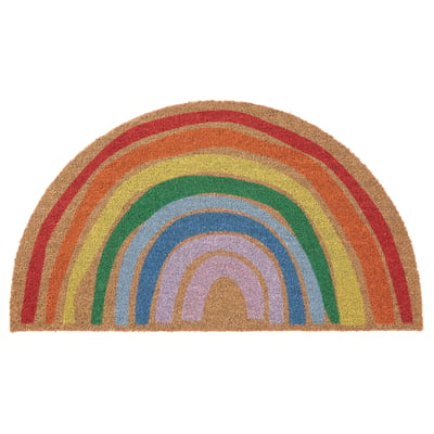 Ljus regnbågsformad kokosdörrmatta med olika färger i en halvcirkelformad design.