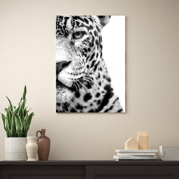 Närbild av en leopard ansikte tryck dukkonst på väggen. Nedan, en hylla med dekorativa föremål, inklusive en krukväxt, vaser, böcker och träklossar.