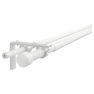 Vit RÄCKA gardinstångsset, inkluderar dubbel stång, hållare och ändknoppar. Minimalistisk, modern design.