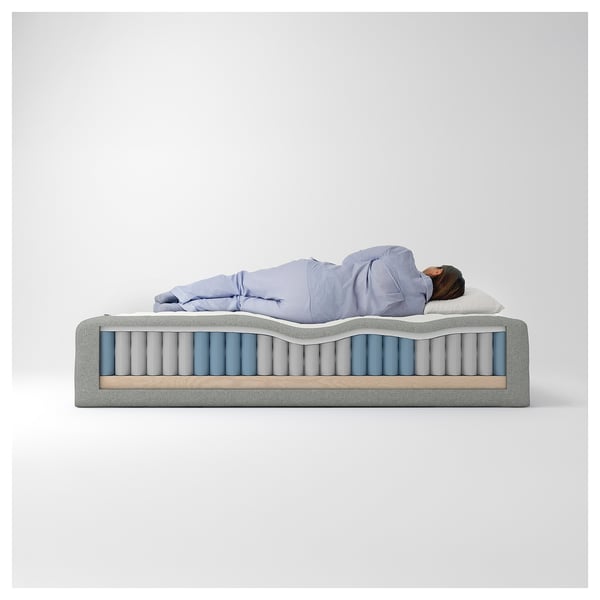 Personen som sover på en fjädermadrass med lager av polyester, skum och stål på en furuträsbotten.