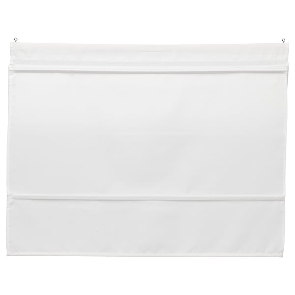 Bilden visar vita RINGBLOMMA hissgardiner med sladdlös design och magnetiska reglage, av slitstarkt material av återvunnen polyester.