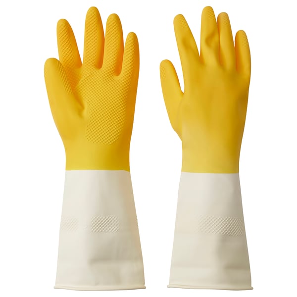 Gula och vita gummihandskar, texturerade fingertoppar, naturlig latex.