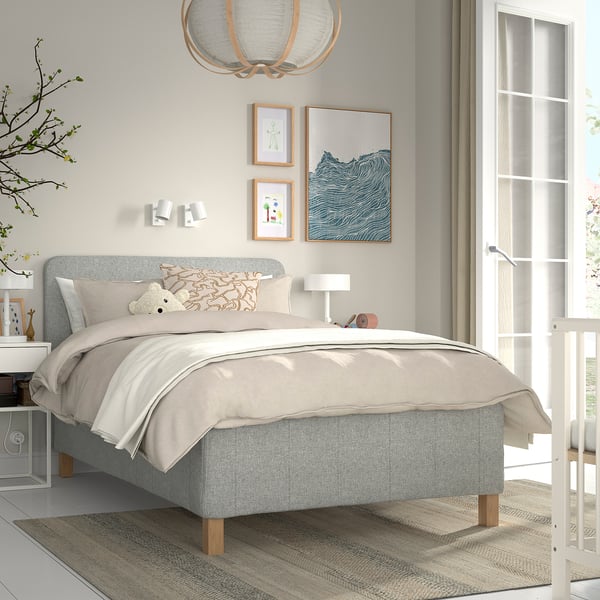 RISHÖJDEN Resårbtn m pocketresårkärna 7 zoner, inkl ben och sänggavel medium fast/Tibbleby beige/grå, 90x200 cm