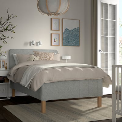 RISHÖJDEN Resårbtn m pocketresårkärna 7 zoner, inkl ben och sänggavel medium fast/Tibbleby beige/grå, 120x200 cm