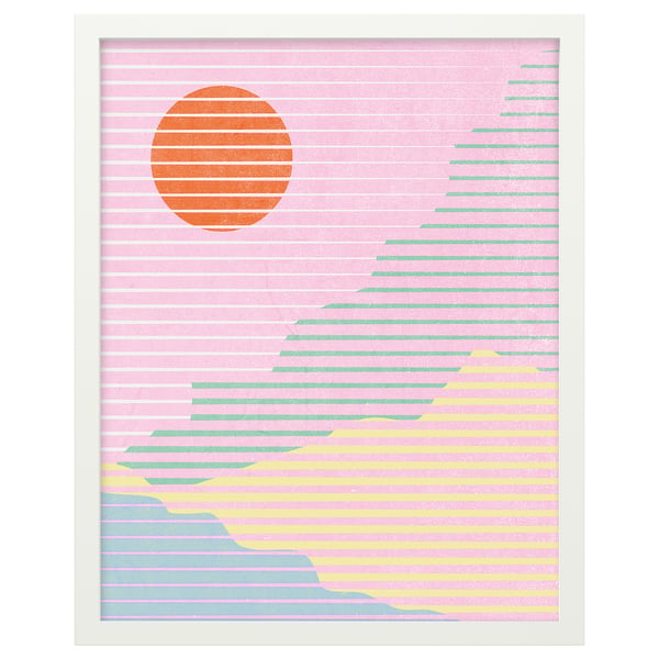 Snygg RÖDALM konstram, vit, med pastellrosa och orange sol, horisontella linjer, fiberplatta och plast.