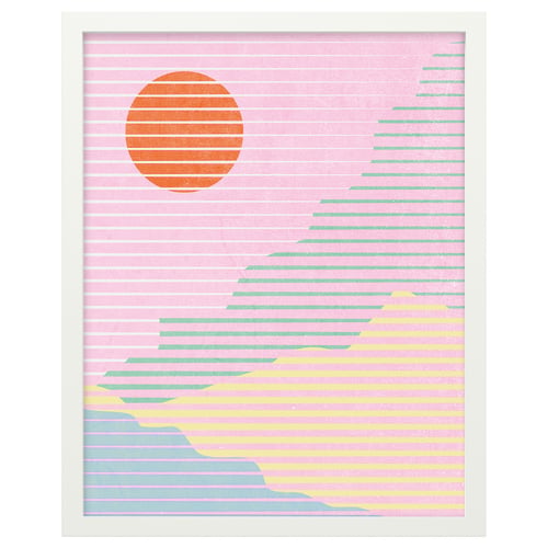 Snygg RÖDALM konstram, vit, med pastellrosa och orange sol, horisontella linjer, fiberplatta och plast.