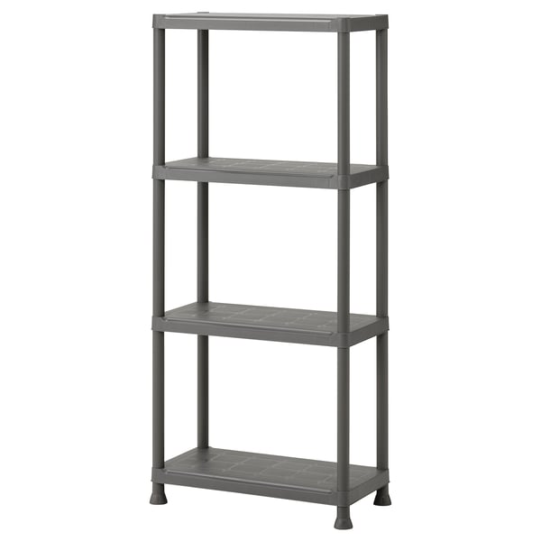 RUNMARÖ grå plasthylla i 3 nivåer, rektangulär form med stilren design, perfekt för inomhus/utomhusbruk.