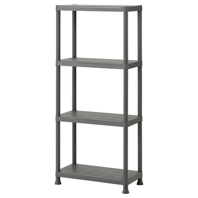 RUNMARÖ grå plasthylla i 3 nivåer, rektangulär form med stilren design, perfekt för inomhus/utomhusbruk.