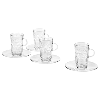 Set med 6 klara glasmuggar med fat, lätt strukturerade, perfekta för kaffe/te, vintage charm.