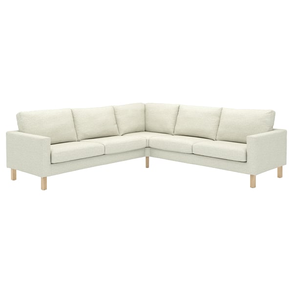 Modern krämfärgad L-formad sektionssoffa med träben, minimalistisk design.