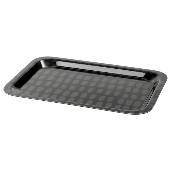 En rektangulär svart SAMMANHANG-bricka med ett grått cirkulärt mönster, tillverkad av högtrycksmelaminlaminat.