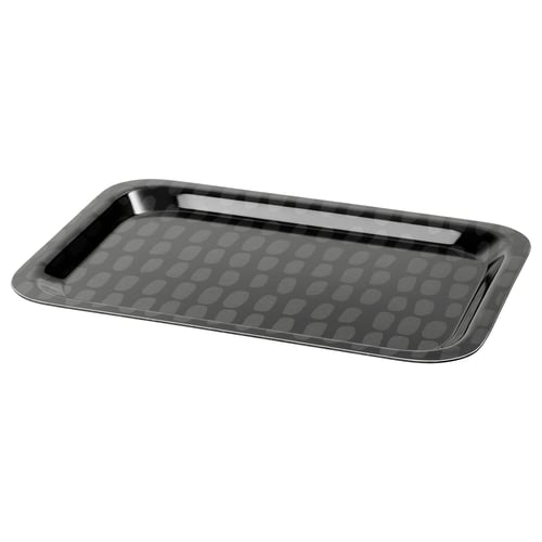 En rektangulär svart SAMMANHANG-bricka med ett grått cirkulärt mönster, tillverkad av högtrycksmelaminlaminat.