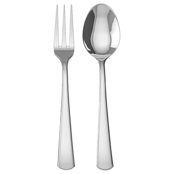 Polerat serveringsset elegant gaffel och sked i rostfritt stål med slät, klassisk design.
