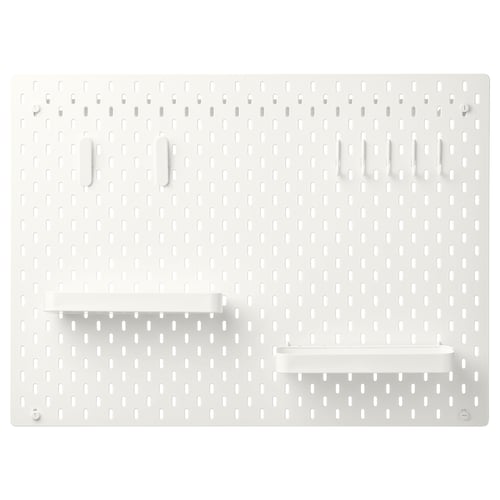 SKÅDIS vit pärlplatta med krokar och hyllor, rektangulär form, modulär design.