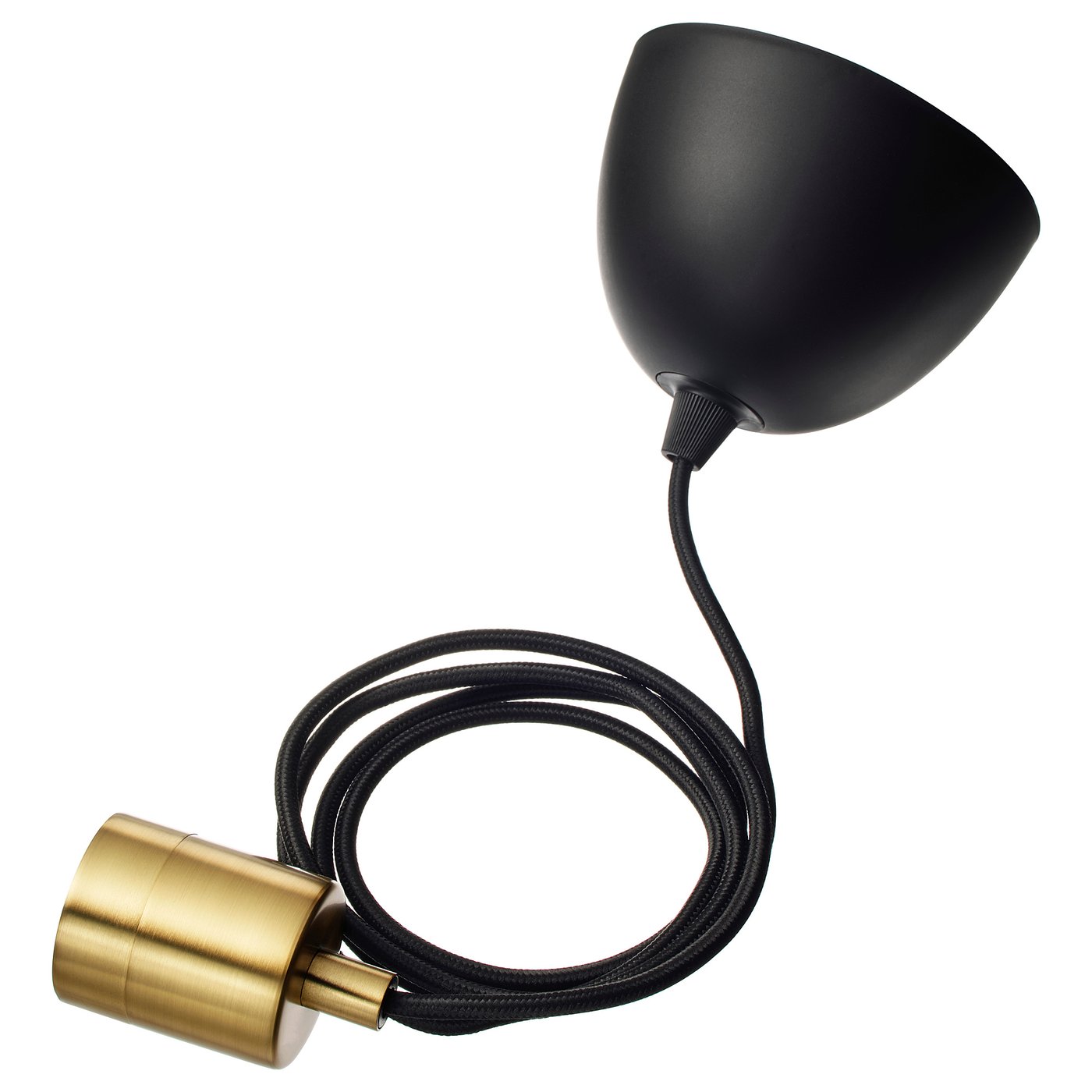 Svart modern taklampa med mässingsdetalj; Elegant, böjd design.