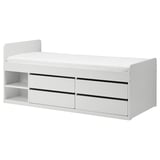 Vit SLÄKT säng med lådor och hyllor, modern och säker design, perfekt för tonåringar, minimalistisk stil.