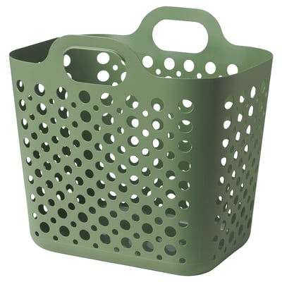 Grön perforerad tvättkorg med handtag för ventilation, tillverkad av polyetenplast.