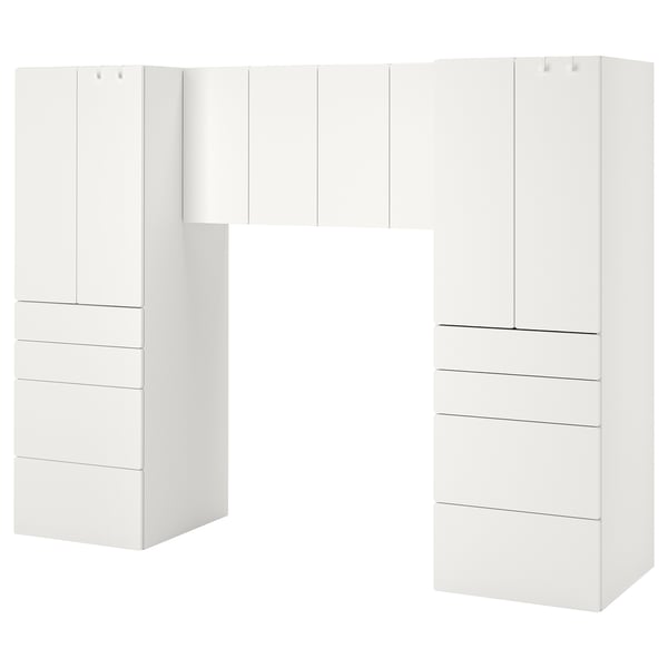 Vit modulär förvaringsmöbel med skåp och lådor. Modern, minimalistisk design, perfekt för att organisera och maximera utrymmet.