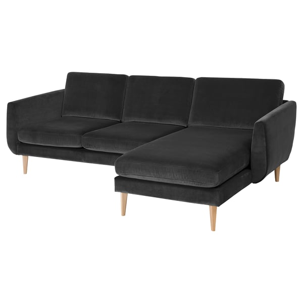 SMEDSTORP mörkgrå sektionssoffa i sammet, modern retrodesign, mjuka former, träben, l-formad.