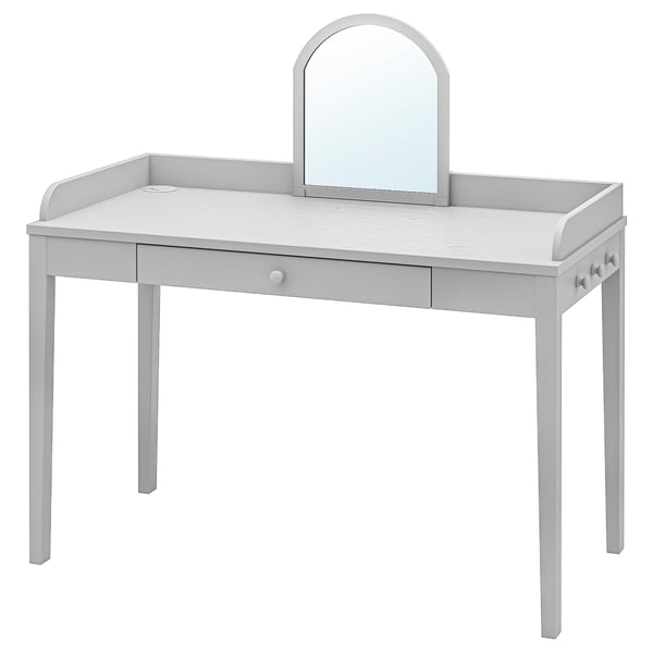 SMYGA grått barnskrivbord med spegel, böjda kanter, träben, enkel låda, säkerhetsspegelfästen.