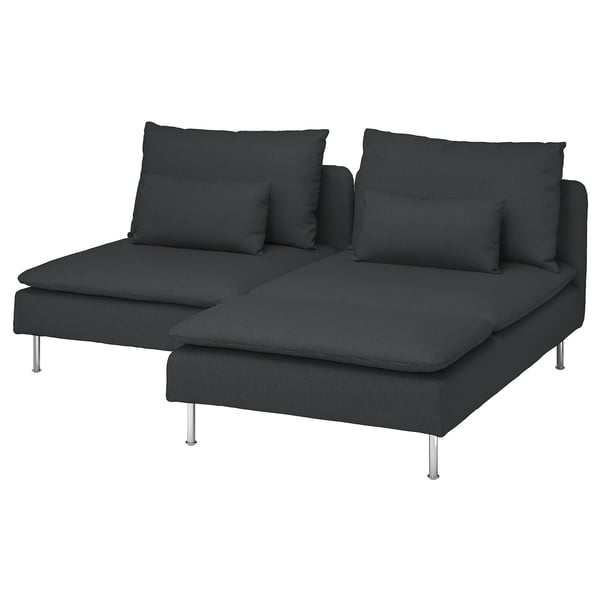 Modern svart SÖDERHAMN soffa, l-formad med avtagbara kuddar, snygg låg profil, djupa sitsar.