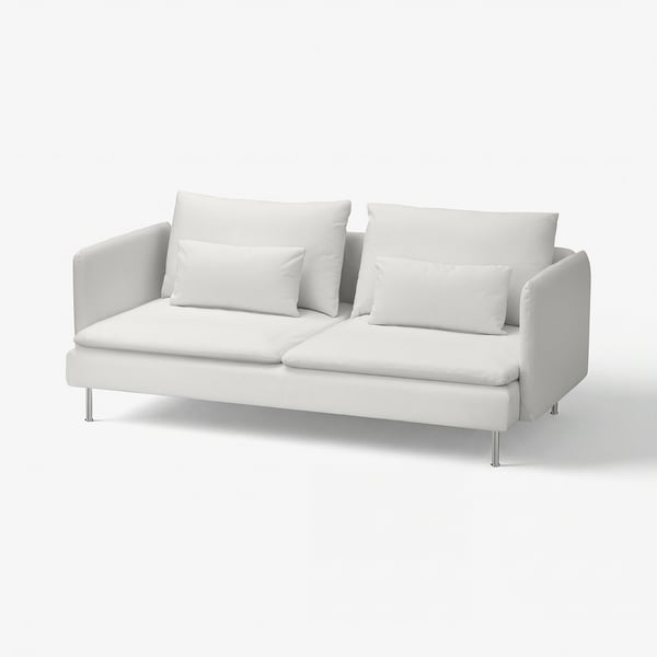 SÖDERHAMN-soffan är en vit, modern tresitsig soffa med rena linjer och stödjande dynor.
