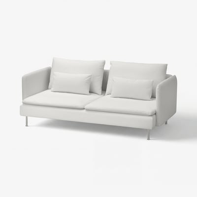 SÖDERHAMN-soffan är en vit, modern tresitsig soffa med rena linjer och stödjande dynor.
