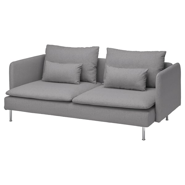 Modern grå SÖDERHAMN soffa med låg, mjuk design, lösa dynor, höga ben, klädd i tonerud.