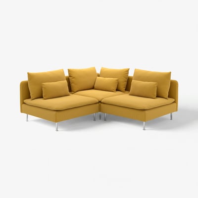 Gul SÖDERHAMN sektionsoffa, modern design med mjuka djupa säten och avtagbara dynor.