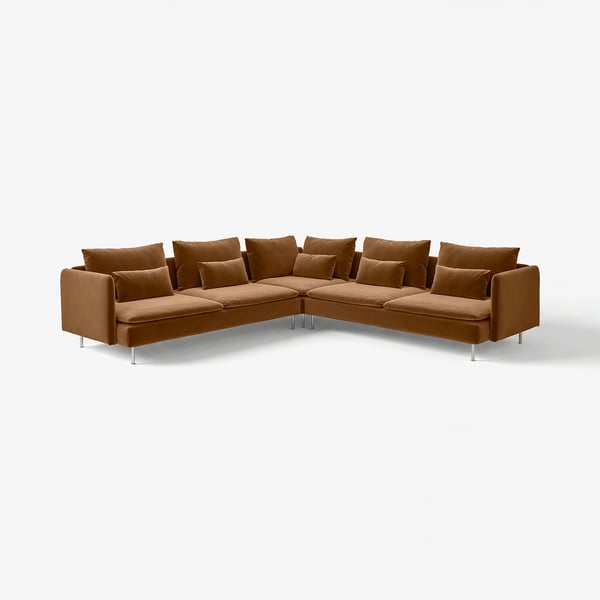 SÖDERHAMN brun hörnsoffa, slank minimalistisk design, djupa säten med lösa dynor, upphöjd på smala ben.