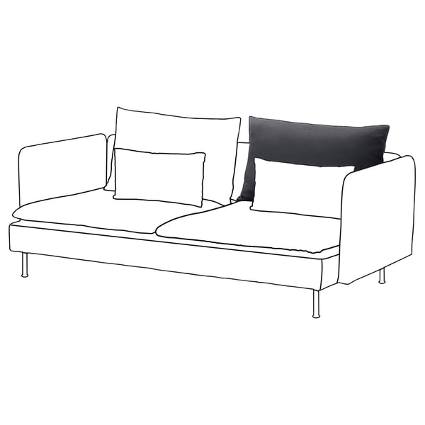 SÖDERHAMN vit soffa med mörkgrå kuddar, snygga ben, minimalistisk design.