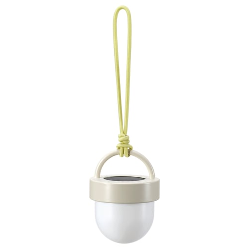 Den soldrivna lampan SOLVINDEN är vit, sfärisk, med ett beige handtag och ett limegrönt rep. Det är modernt och miljövänligt.